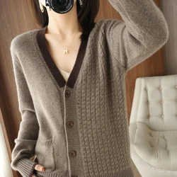 100% Cashmere V-neck sweater Autumn/Winter 2021 Women's  Collar Cardigan Casual Knit Tops Korean Plus Size Female Jacket