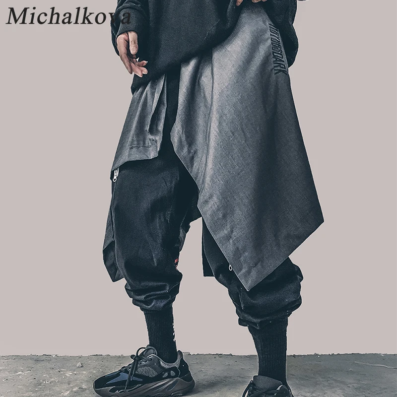 Michalkova nieregularne Hip Hop mężczyźni spódnica w pasie Harajuku regulowany Streetwear czarny plisowany fartuch Gothic Jogger hemlines