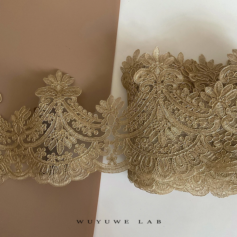 Delicate 1Yard Gold Embroidery White Mesh Lace Trim Diy Luxury Applique Flowers Garment Lace Fabric for Wedding Dresses 20cm