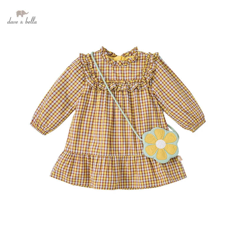 DB1221161 dave bella spring baby girls fashion plaid dress with a small bag party dress children girl infant lolita 2pcs clothes