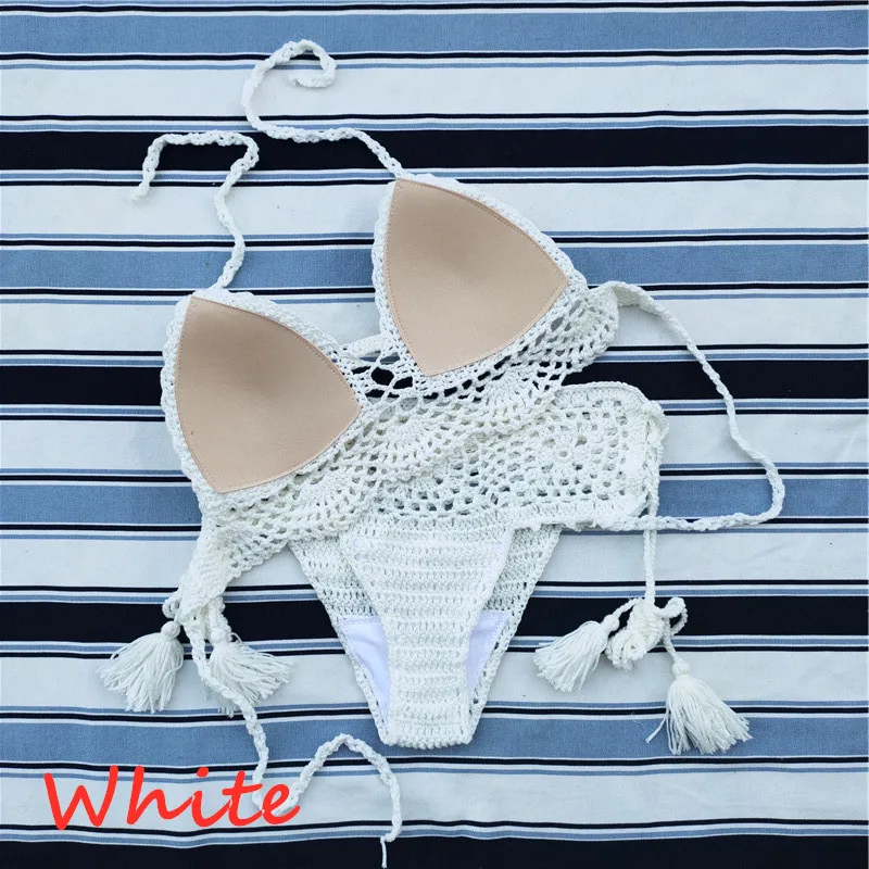 Conjunto de Bikini de ganchillo hecho a mano para mujer, traje de baño Sexy, Top corto, traje de baño de playa
