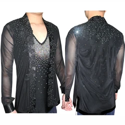 Latin Dance Shirts Male Shiny Rhinestone Coat Vest Professional Competition Top Men Tango Salsa Chacha Samba Dancewear DNV12062