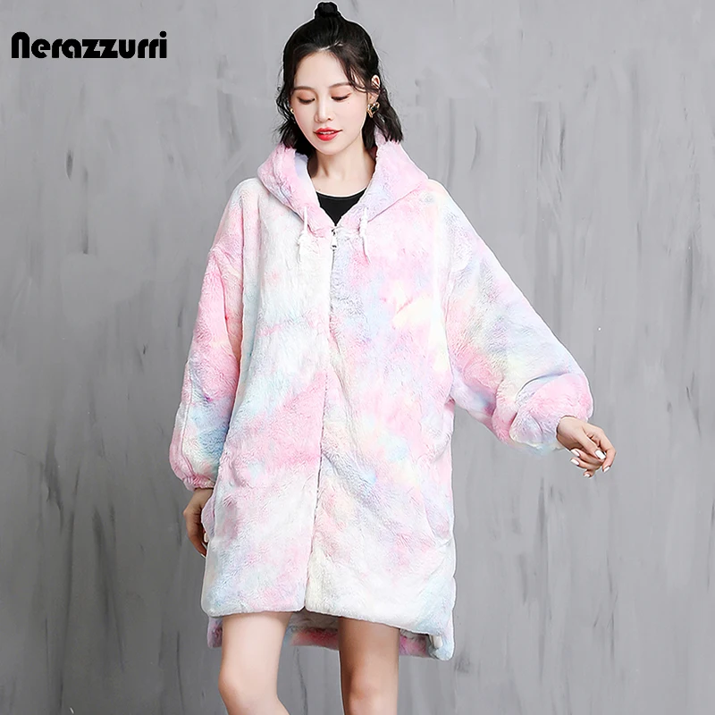 Nerazzurri Loose Tie Dye Hoodie Sweatshirt Women Winter Colorful Warm Thick Oversized Soft Faux Fur Jacket Designer Fashion 2022