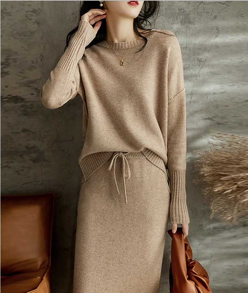 New Autumn Women Sweater Two Piece Set Knitted Sets Solid Casual O Neck Long Sleeve Pullover Top+Elastic Waist Midi Skirt Suit