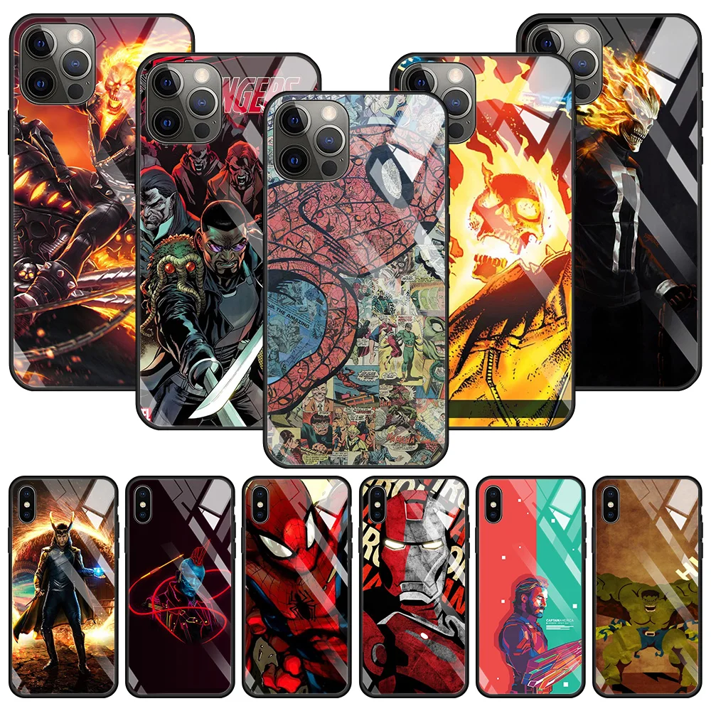 Funda de vidrio templado para iPhone, carcasa de teléfono para 15, 14, 13, 12, 11 Pro Max, Mini, X, XR, XS, Max, 8, 7 Plus, SE, Ghost Rider, Marvel Comics