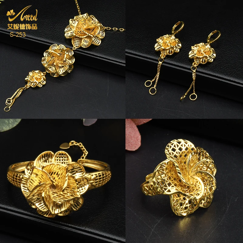 African Dubai Jewelry Set For Women Ethiopian Gold Color Bridal Wedding Flower Pendant Necklace And Earrings Nigerian Jewellery