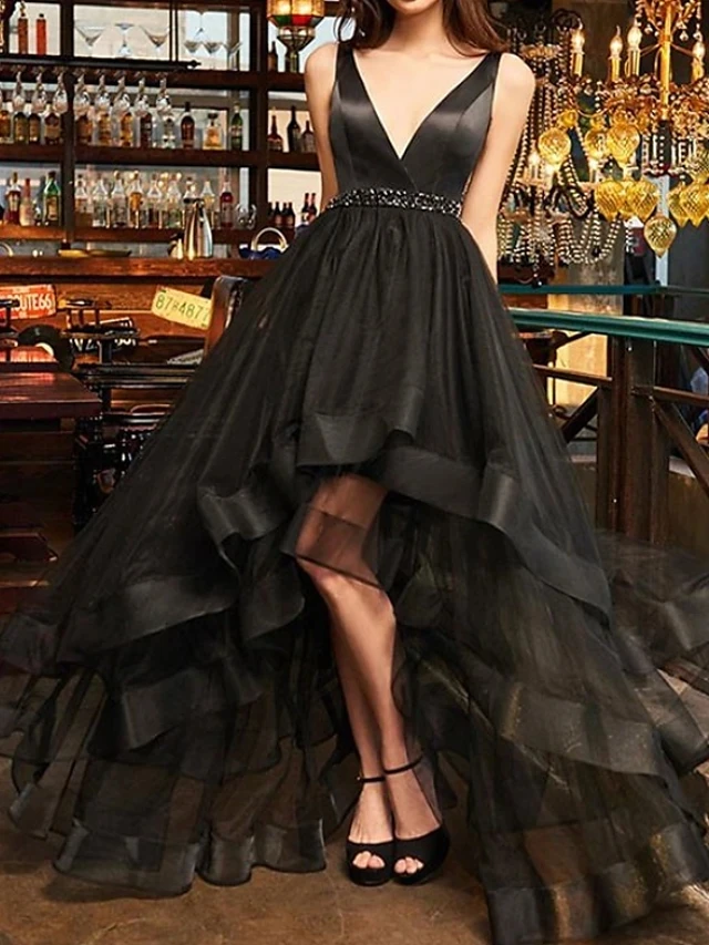 Black High Low Beaded Prom Party Dress 2024 V Neck Sleeveless Asymmetrical Tulle Birthday Evening Gowns Vestidos Noiva