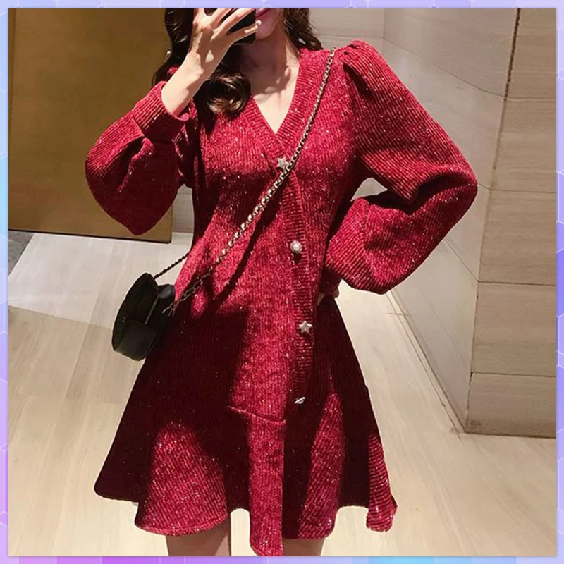 Red Vintage Kinitted Dress Women Elegant Christmas Mini Dress Female Warm Slim Casual Korean One-piece Dresses Women New Year