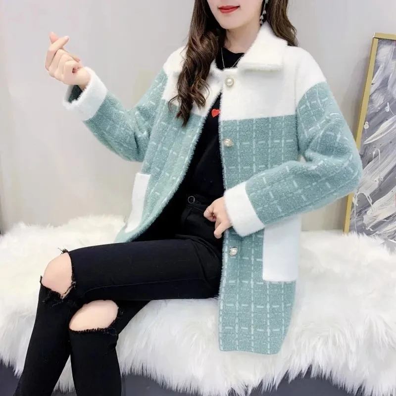 Autumn Winter Women Imitation Mink Velvet Jacket 2023New Fashion Color Matching Student Overcoat Korean Loose Ladies Woolen Coat