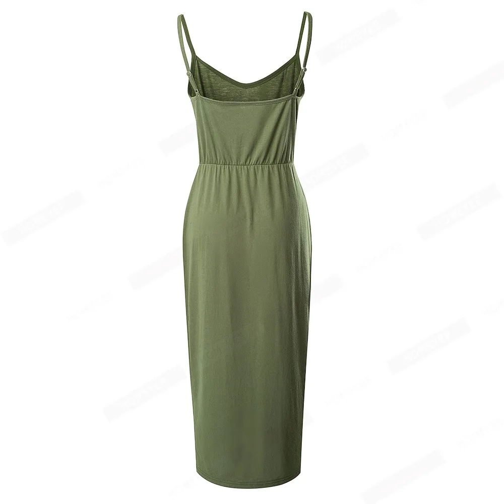 Women  Summer Classy Solid Color Dresses with Button Casual Holiday Straight Midi Cami Dress EB662