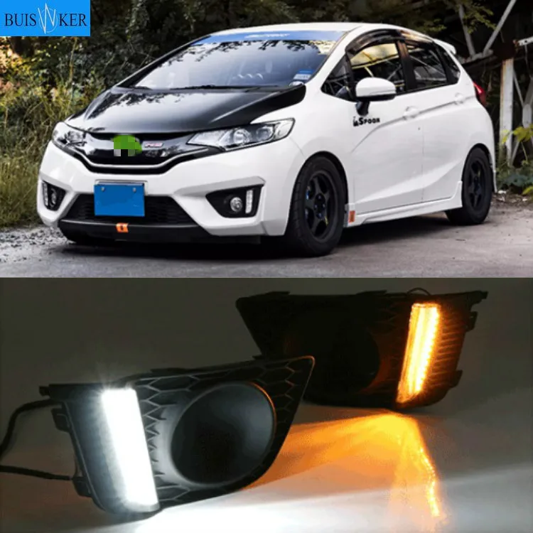 

2 Pcs For Honda Jazz Fit 2014 2015 2016 DRL fog lamp cover Daytime Running Lights with turn signal 12V Daylight