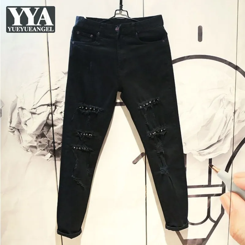 

Fashion Street Mens Jeans Personality Slim Fit Hole Ripped Rivets Biker Black Denim Pencil Pants New Casual Male Autumn Trousers