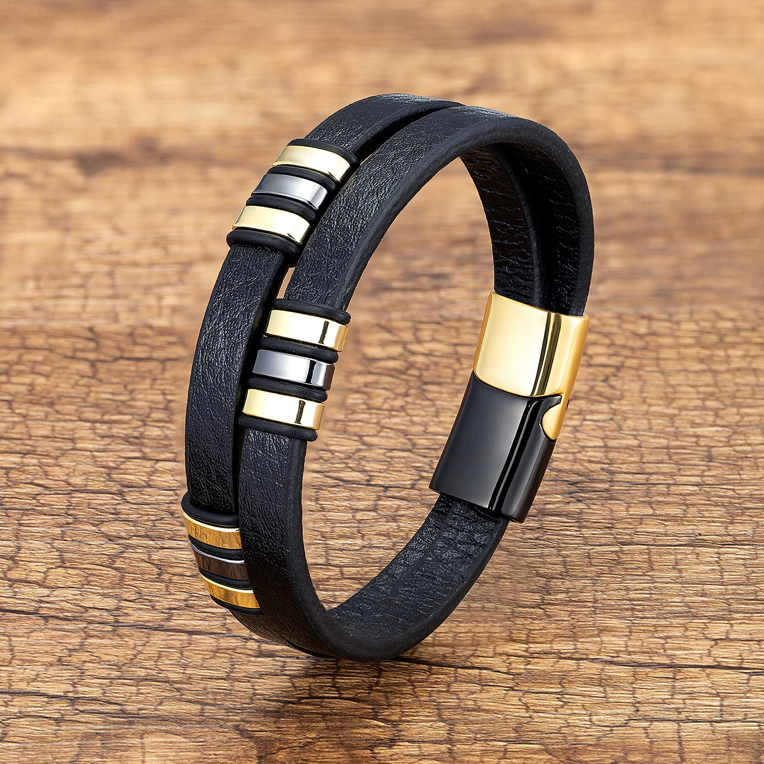 Black Genuine Leather Bracelet Trendy Stainless Steel Jewelry Accessories Multilayer Rope Chain Bangles Charm Men Bracelets Gift