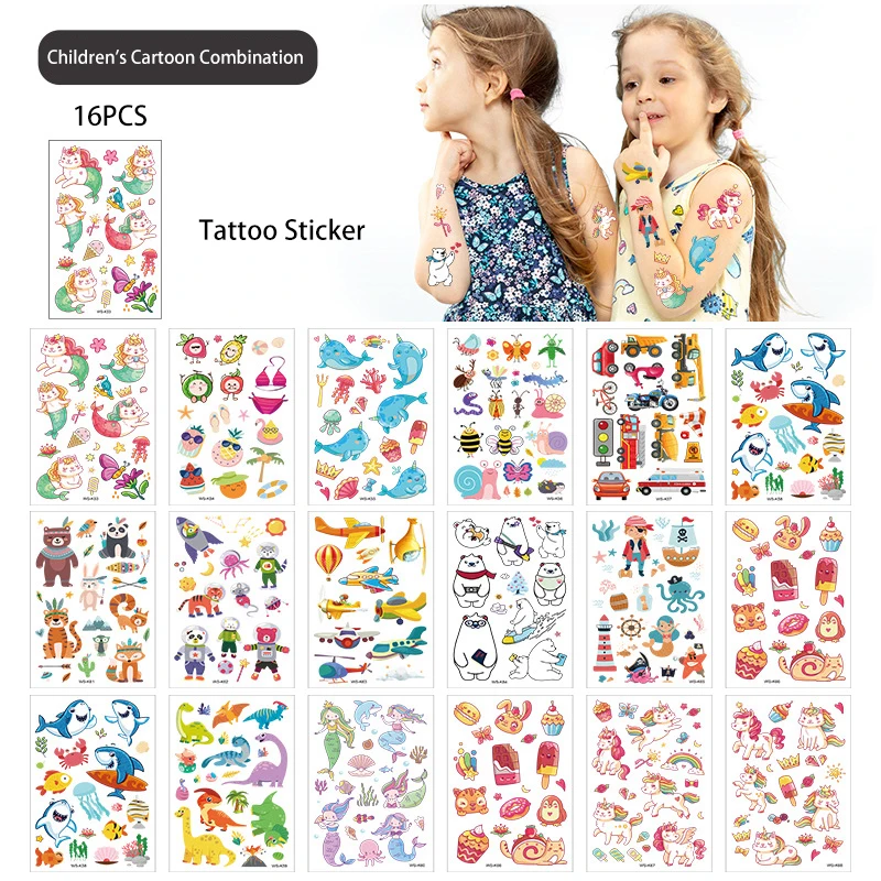 16PCS Children Tattoo Sticker Mermaid Unicorn Animal Combination Temporary Waterproof Cartoon Body Transfer Fake Kid Toy Gift