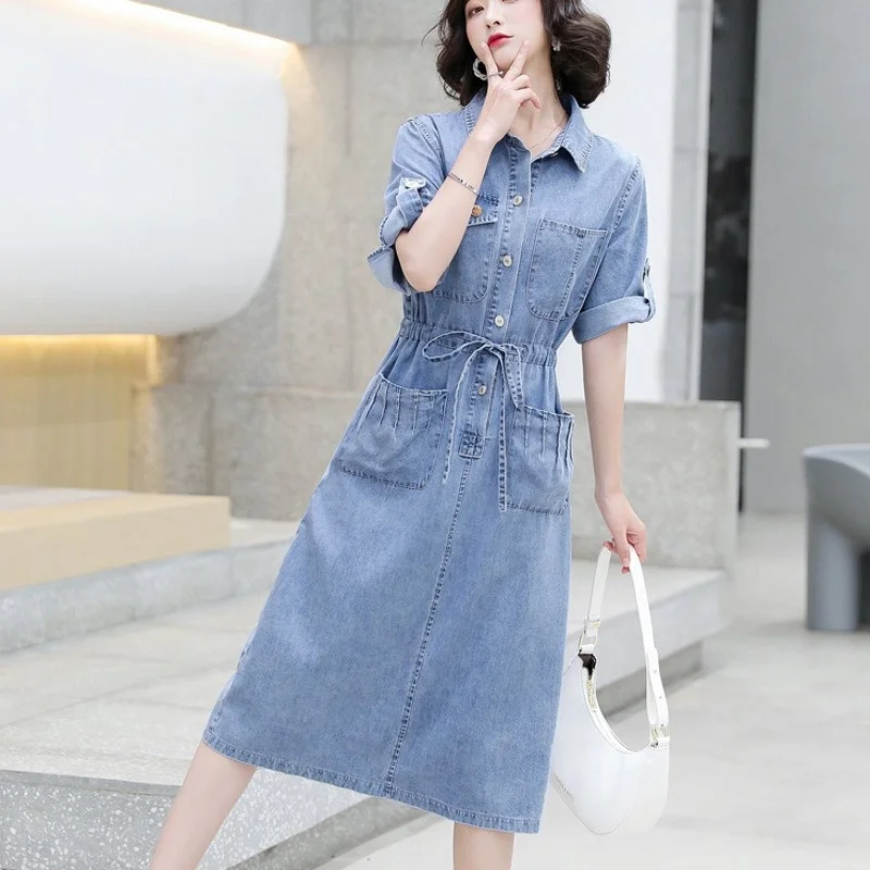 Dress Denim Womens 2022 Summer New Vintage Korean Style Elegant Office Lady Concise Turn-Down Collar Pockets Fashion Dress