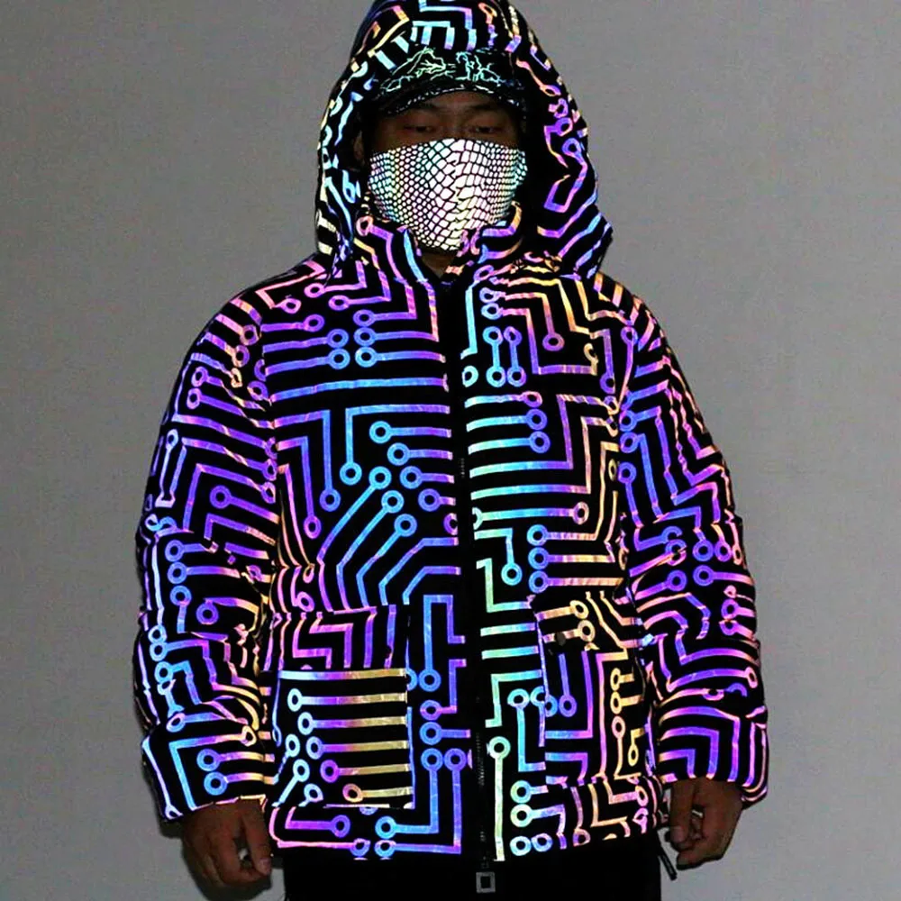 Winter Rainbow Color Reflective Jacket Women\'s Pocket Leaf Reflective Warm Casual Hooded Coat Plus Size Chaqueta De Las Seรฑoras