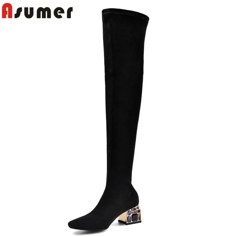 

ASUMER 2020 top quality stretch boots women suede leather sexy slim crystal heels dress party shoes women over the knee boots