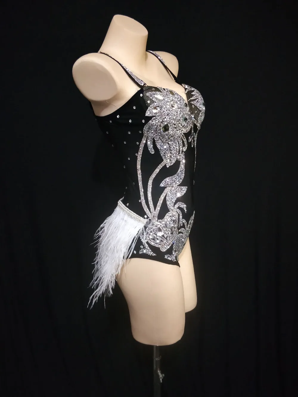 Sexy Feather Hem Rhinestone Bodysuit Women Spaghetti Strap Crystal Party Jumpsuit Nightclub Pole Dance Leotard Stage Costumes