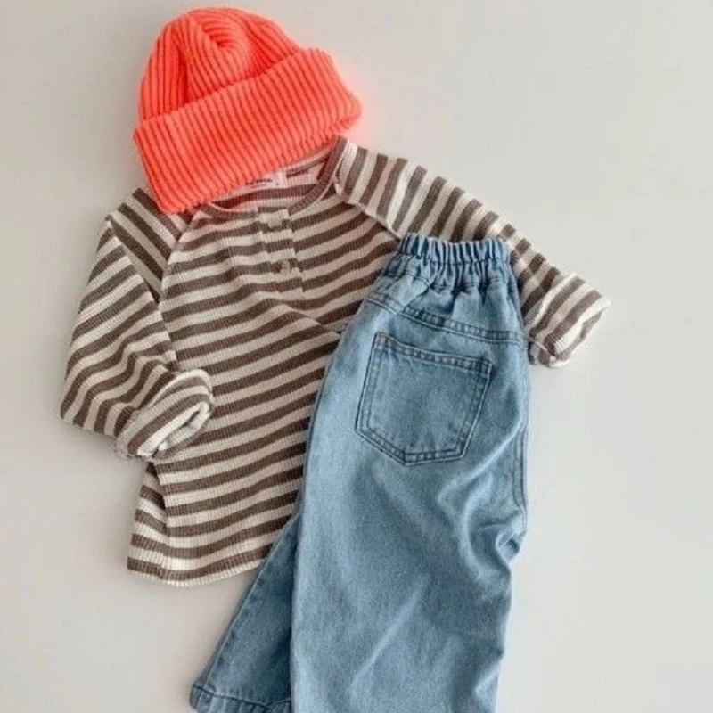 Newborn Baby Boy Girl Cotton Ribbed T-Shirt Long Sleeve Infant Toddler Child Sweatshirt Button Tee Top Baby Clothes 0-7Y