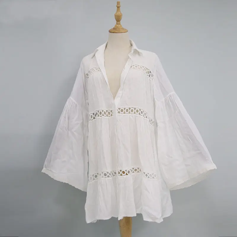 Women Swimsuit Cover Ups Mandarin Sleeve Kaftan Beach Tunic Dress Robe De Plage Solid White Pareo Beach Cover-ups