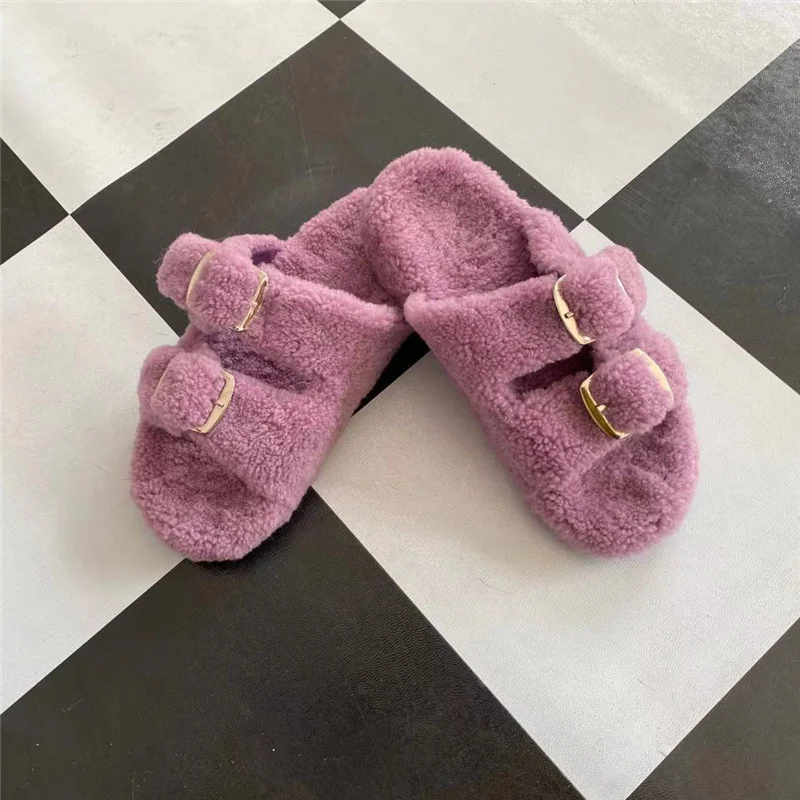 European And American Fashion Indoor Ladies Fur Slippers Real Wool  Slippers Ladies Furry Slippers Girls Flat Slippers Outside