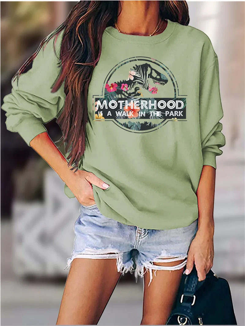 

MOTHERHOOD IS A WALK IN THE PARK Letter Print Crewneck Sweatshirt Fall 2024 Dinosaur Head Graphic Women Hoodies Pullover Clothes