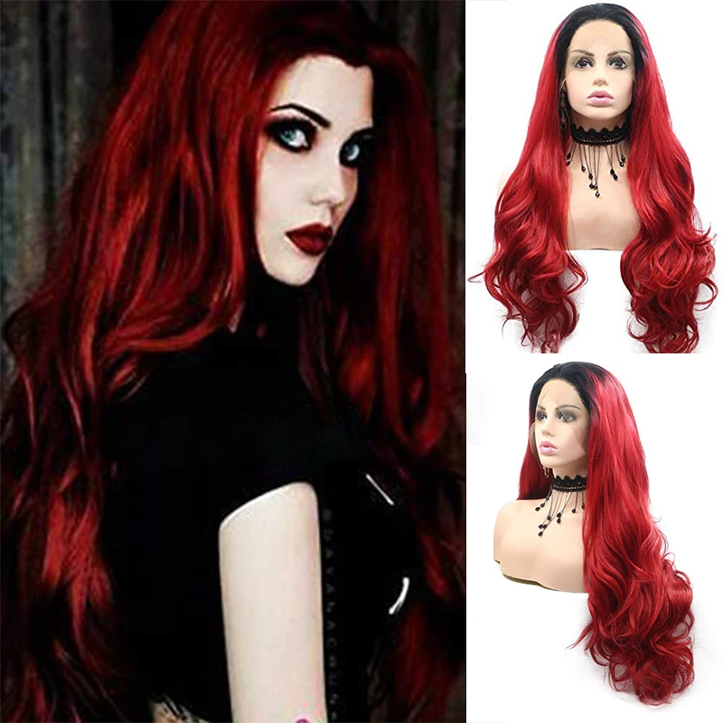 Red Black Ombre Curly Body Wave Synthetic Lace Front Wig Frontal Burgundy 99j Wigs Cosplay HD Transparent Hair For Black Women