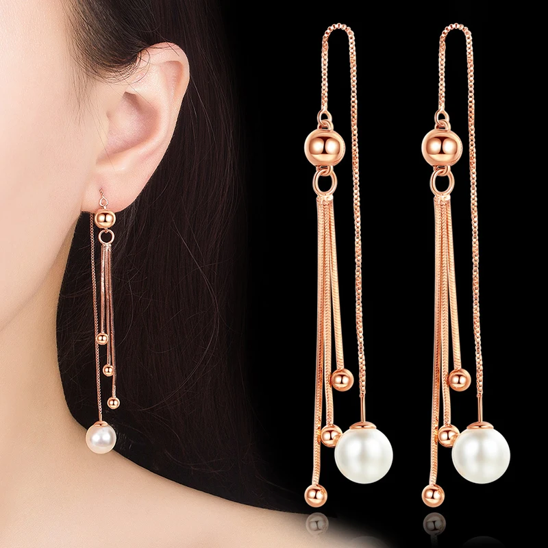Female Charm Long Drop Earrings Dangle Chain Tassel Pearl Copper Romantic Rose Golden Ear Piercing Jewelry For Women Best Gifts