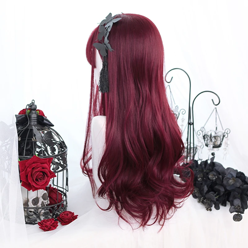 AS Harajuku Red wine Lolita Long Wavy Realistic Cosplay Party Wigs With Bangs For Women Wavy Wigs Synthetic Hair