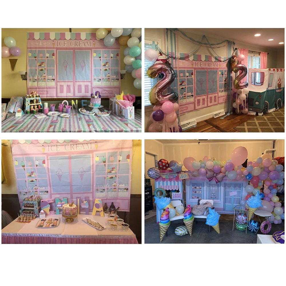 Ice Cream Birthday Party Backdrop Pink Dessert Shop Girl Photo Studio Window Cake Baby Shower Decor Banner Wallpaper Background