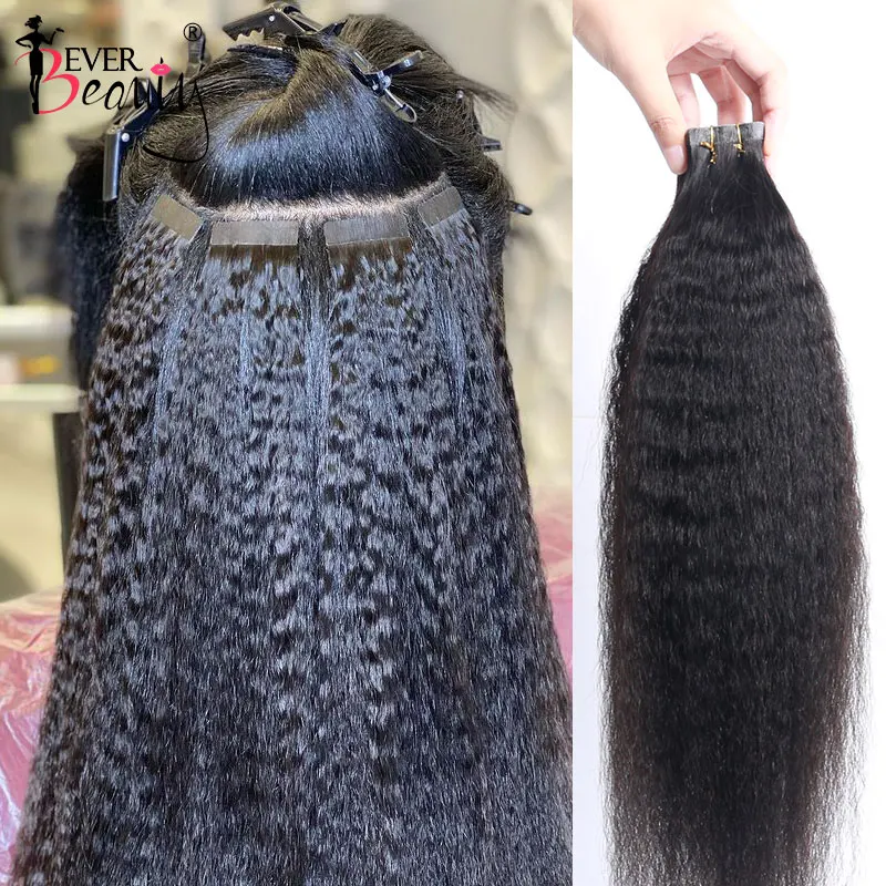 Kinky Straight Tape In Human Hair Extensions Skin Weft Adhesive Invisible Brazilian Natural Black Hair Extensions Ever Beauty