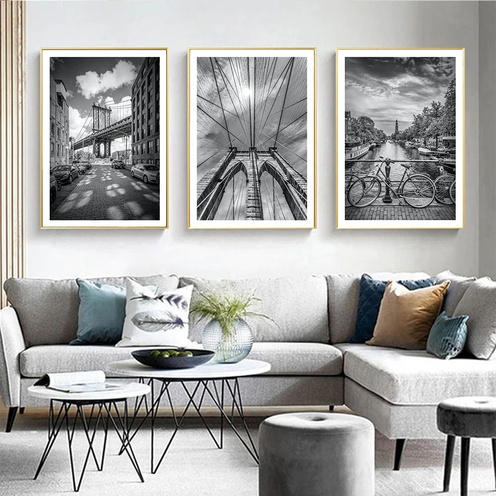 

Art Canvas Painting Amsterdam Views New York Brooklyn Bridge Posters And Prints Black White Wall Pictures For Living Room Decor