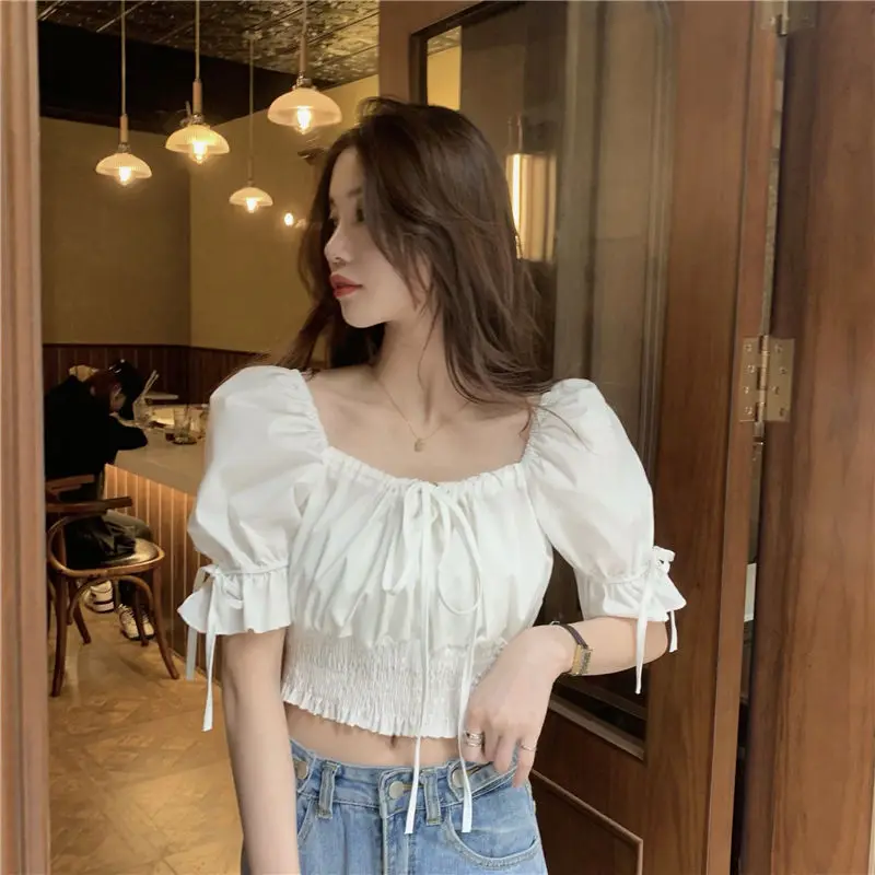 Blouses Women Summer New Casual French Style Sweet Square Collar Fashion Solid All-match Party Holiday Temperament Slim Elegant