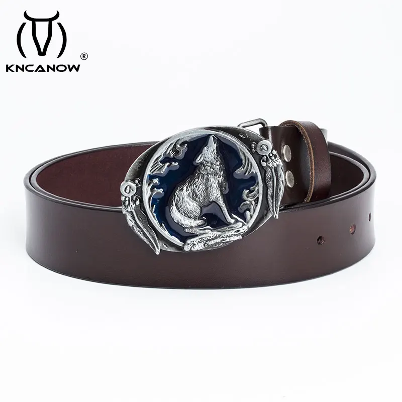 

Men's Belt Fashion Cool Retro Western Cowboy 3D Wild Wolf Leaf Strap Buckles Blue Enamel Vintage Tone Snap-Fit Daily Wear Gift