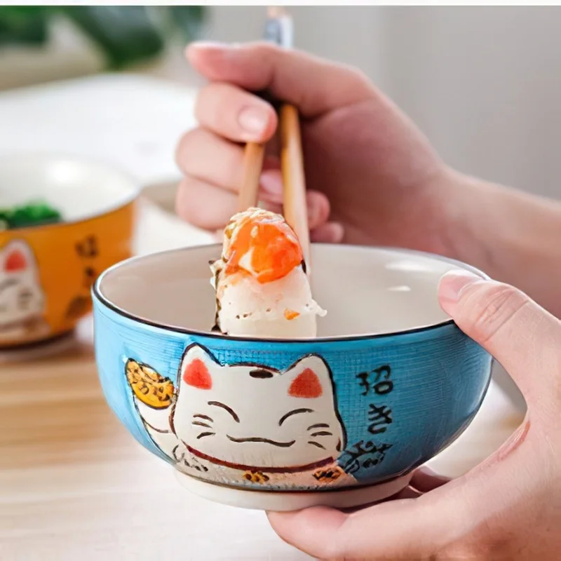 1pcs Multi-size Japanese Lucky Cat Round Ceramic Bowl Restaurant Household Bone China Salad Bowl Noodle Soup Bowl Tableware