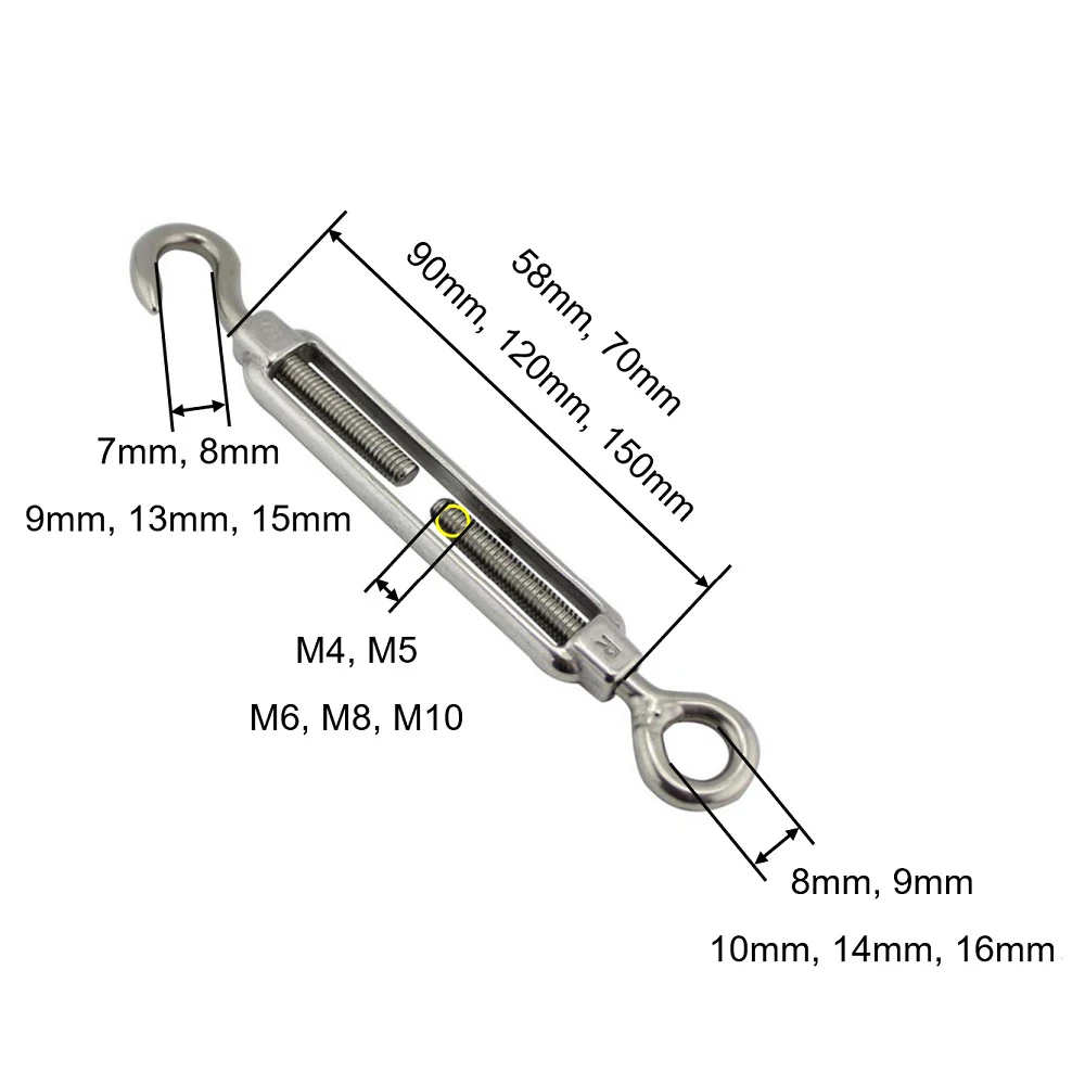 5PC 304 Stainless Steel Hook And Eye Turnbuckle Wire Rope Tension Polished Rigging Hardware M4 M5 M6 M8 M10 For Sun Shade Sail