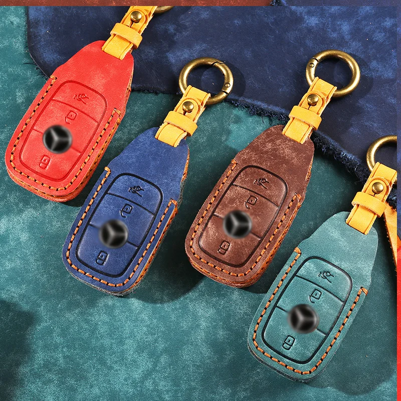 Handmade Leather Car Keychain Cover Fit for Mercedes-Benz new E-class E200LE300L Key Case