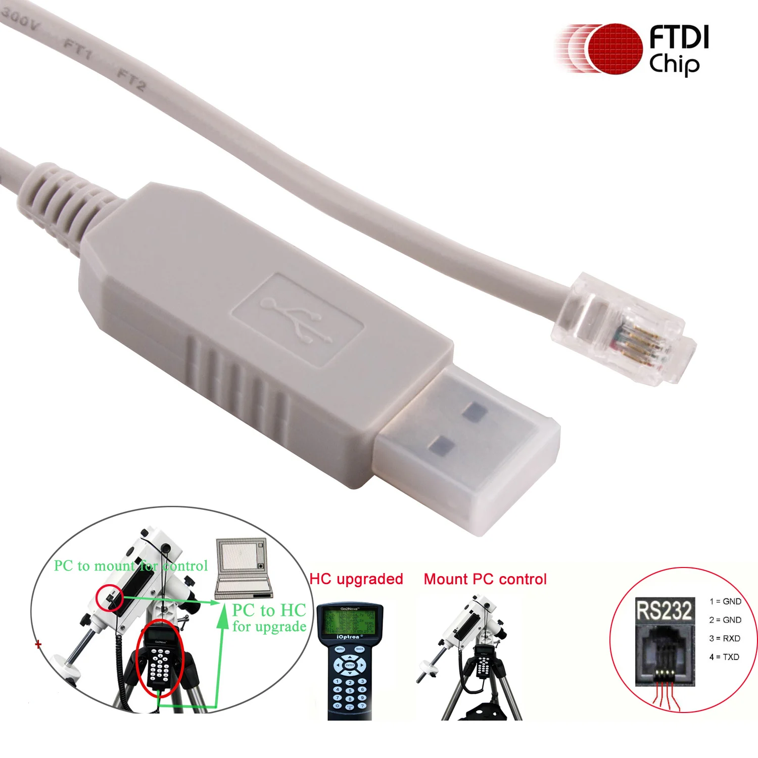 USB to RJ9 4P4C RS232 Serial Control Cable for Ioptron Equatorial Telescope IEQ30 Cem25 CEM60 IEQ45 Smart EQ Pro Skyx