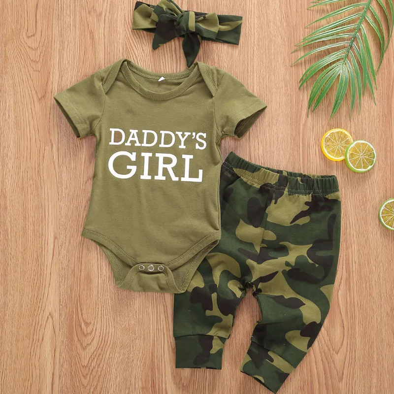 Baby Summer Clothing Baby Girls Boys Clothes Set Camouflage Short Sleeve Letter Printed Bodysuit Tops + Pants + Hat/Headband