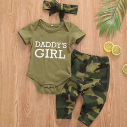 Baby Summer Clothing Baby Girls Boys Clothes Set Camouflage Short Sleeve Letter Printed Bodysuit Tops + Pants + Hat/Headband