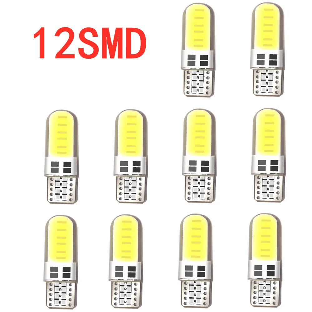 10pcs Silicone Gel COB LED Car Light 12V T10 W5W Wedge Side Parking Reading Bulb Signal Lamp Clearance Door Light 12 SMD chips