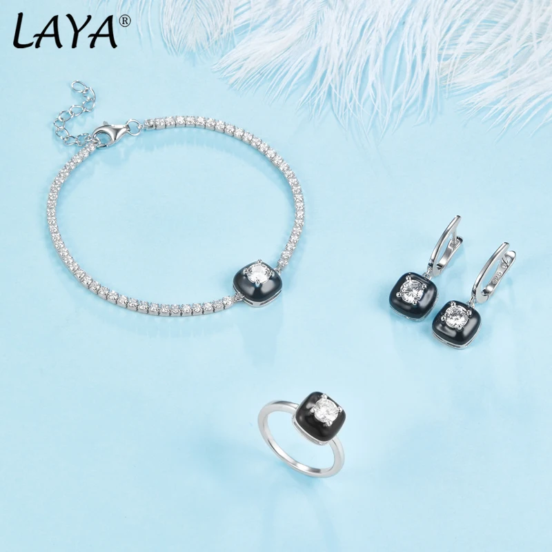 Laya Pure 925 Sterling Silver Shining Zircon White Handmade Enamel Tennis Bracelet Earrings Ring Sets For Women Fine Jewelry