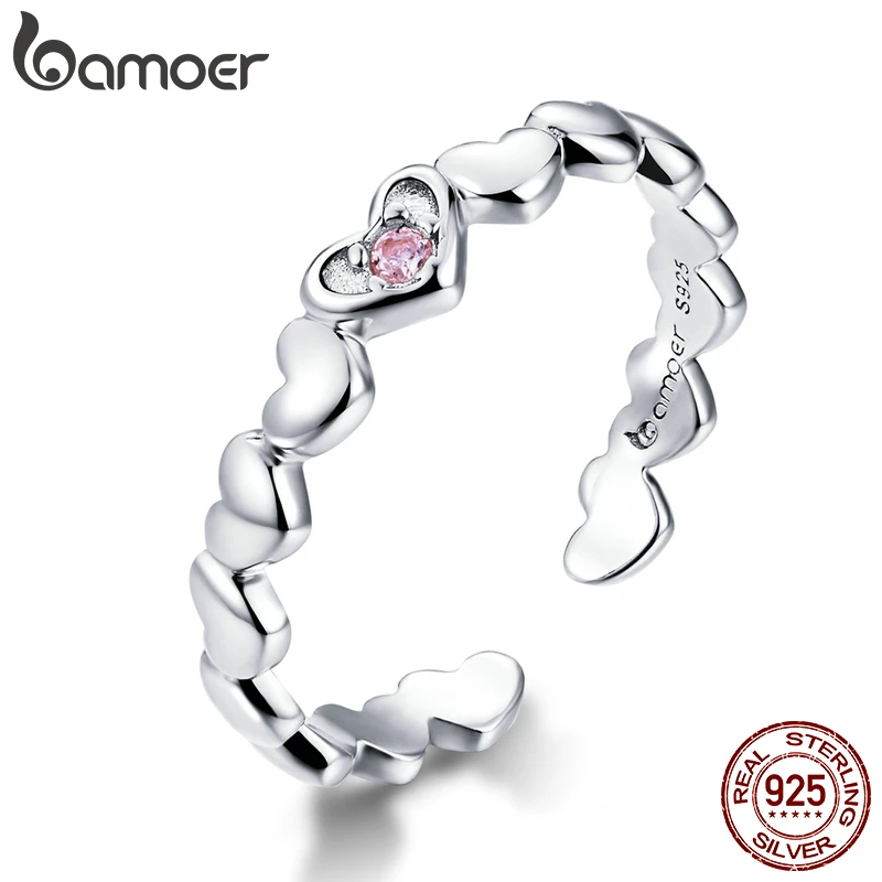 bamoer Pink CZ Heart Stackable Finger Rings for Women Free Size Adjustable Bands 925 Sterling Silver Jewelry Accessories BSR100