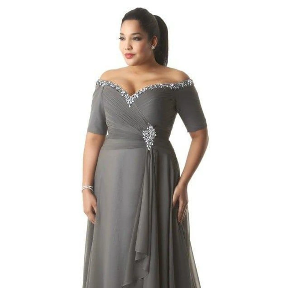 Grey Mother of the Bride Groom Dresses Plus Size Off the Shoulder Cheap Chiffon Prom Party Gowns Long Evening Wear