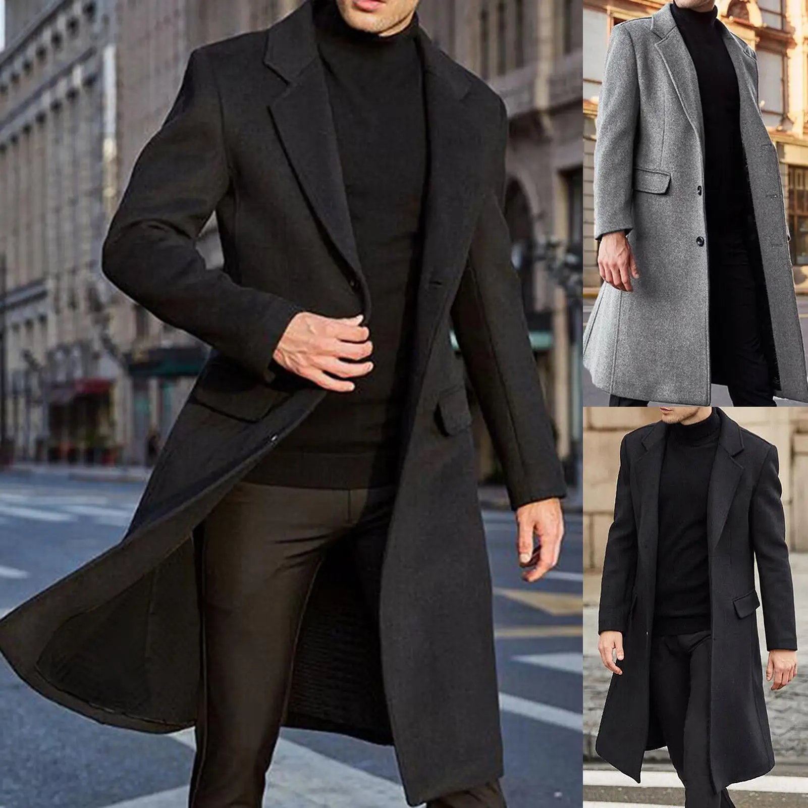 

S-3XL Winter Men Coats Woolen Solid Long Sleeve Jackets Fleece Men Overcoats Streetwear Fashion Long Trench Outerwear