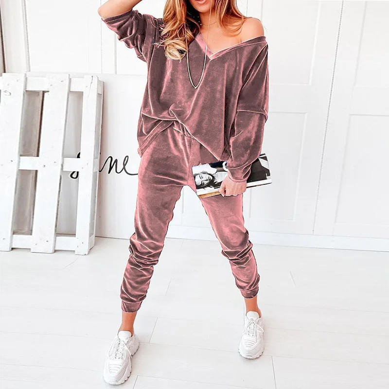 Mulheres veludo calças de manga cheia ternos sólidos primavera outono gola zíper casual senhoras conjunto cintura elástica solto loungewear