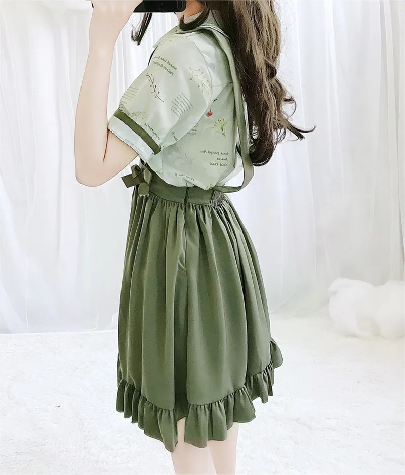 School Girls Cute Suspender Skirt Japanese Lolita Cosplay Kawaii A-line Pleated Skirt Korean Style Vintage Ruffle Green Skirts