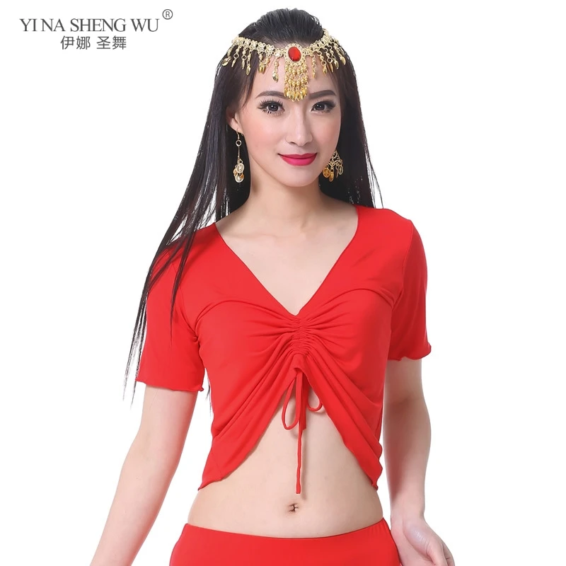 Top de algodón para práctica de danza del vientre para mujer, Top de manga corta para adultos, accesorios para disfraz de danza del vientre, Tops Sexy en 9 colores