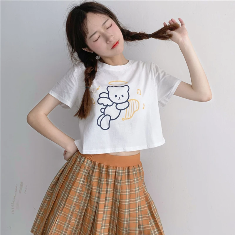 Weet-uniforme universitario japonés jk, camiseta de manga corta de cintura alta con ombligo corto de oso de dibujos animados, Tops para mujer, camisa escolar para niña