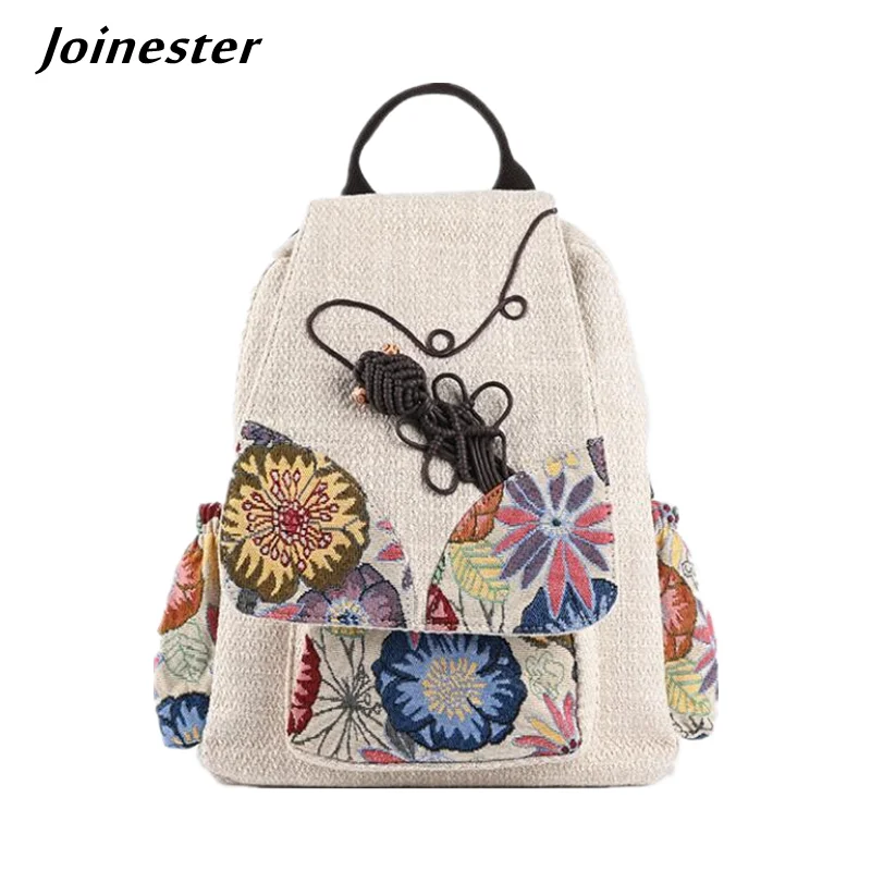 Cotton Linen Vintage Backpack for Women Ethnic Style Top Handle Rucksacks Female Lightweight Travel Bags Girls Cute Schoolbag